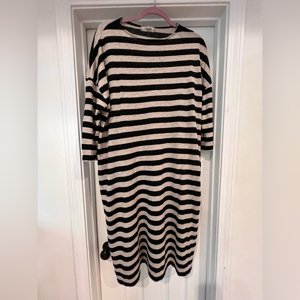 Ichi Antiquities Black and Cream Striped Linen T-Shirt Dress